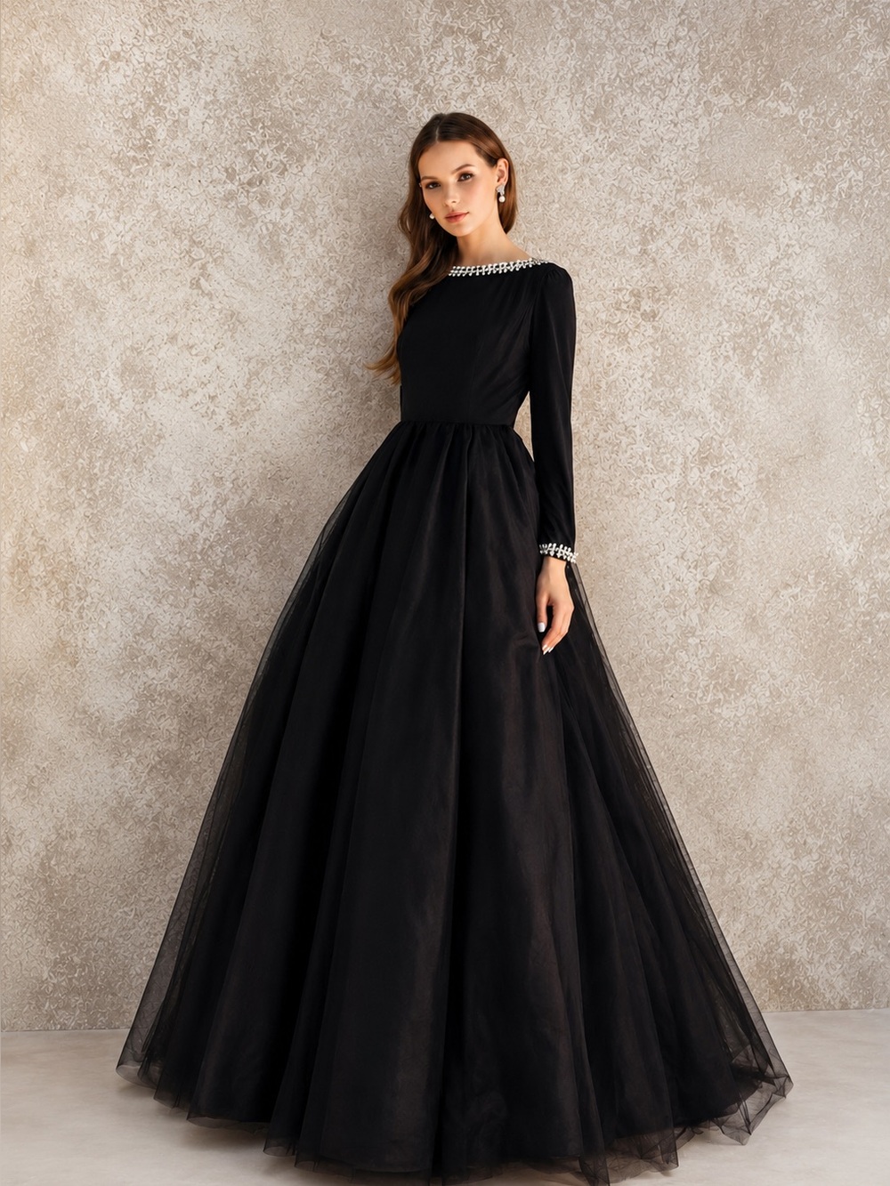 Mac Duggal  Crystal & Pearl Embellished Black 56186 Tulle Ball Gown 14